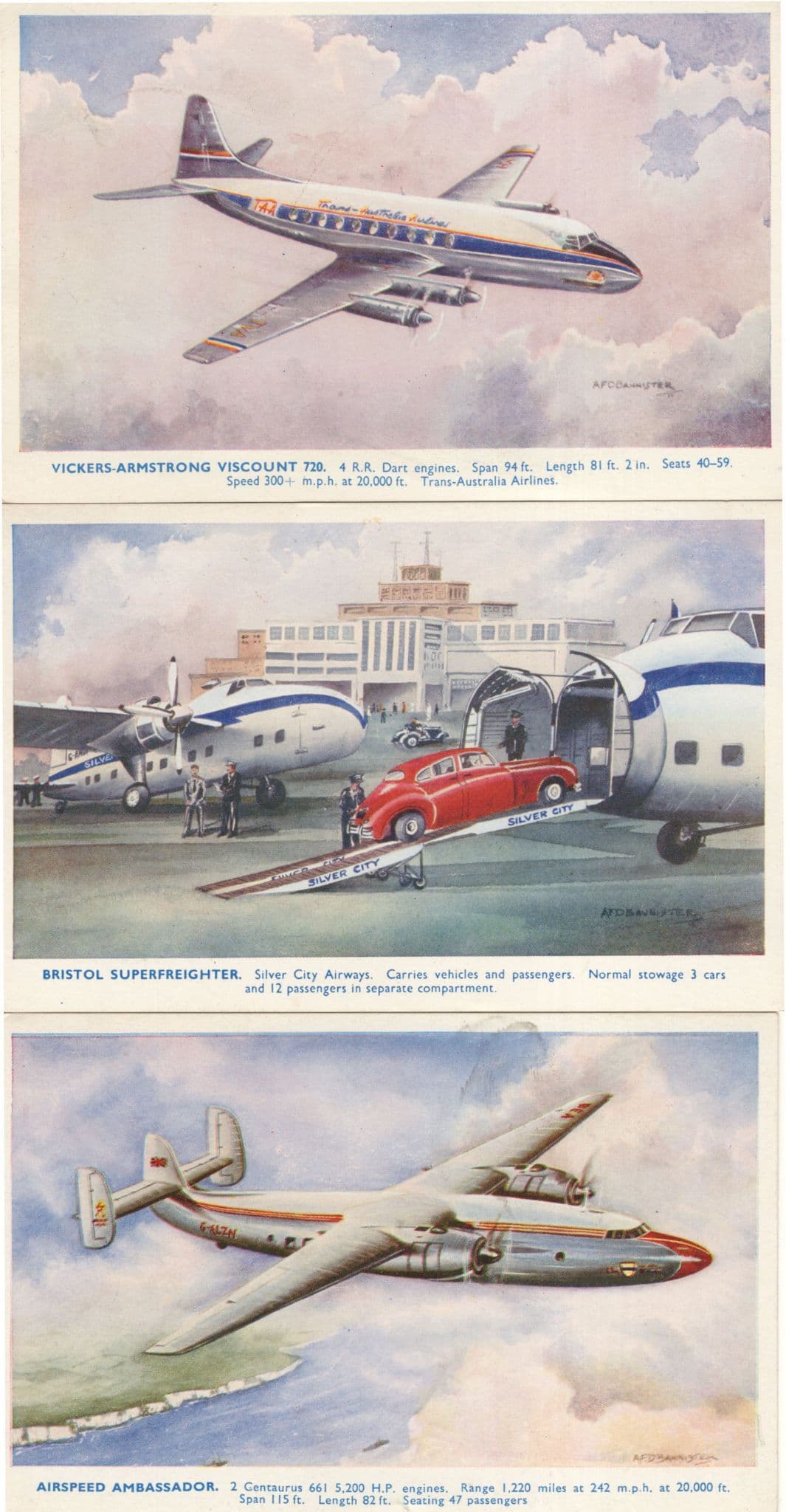Bristol Superfreighter Airspeed Ambassador Vickers 3x Old Postcard s