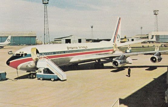 Britannia Airways Boeing 707 320c on London Airport Attendant 1970s Postcard