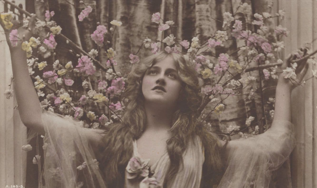 British Beauty Real Photograph Giant Pagan Hair Flowers Old Postcard