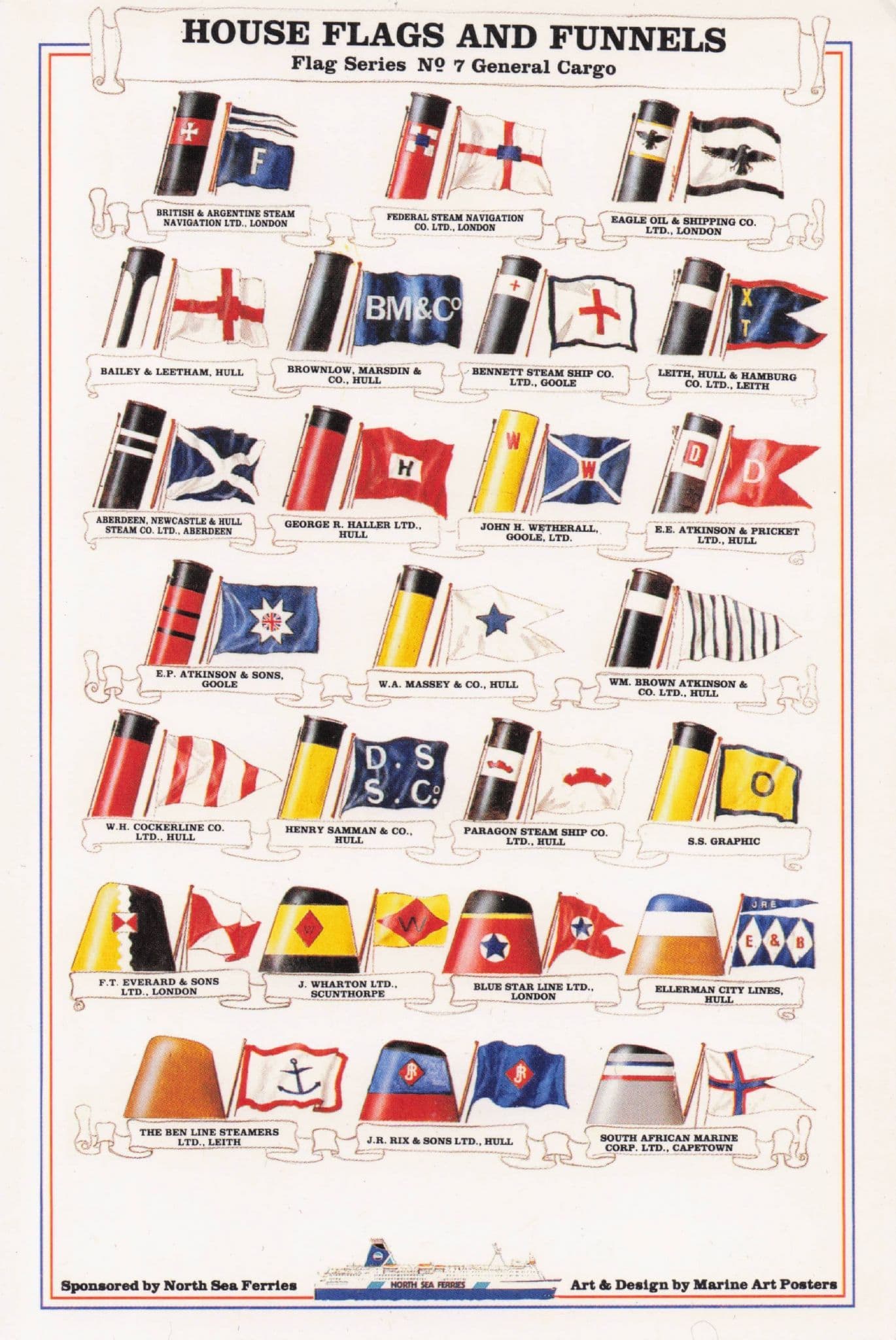 British General Cargo Flags 7 Nautical Ship Marine Art North Sea Ferry Postcard