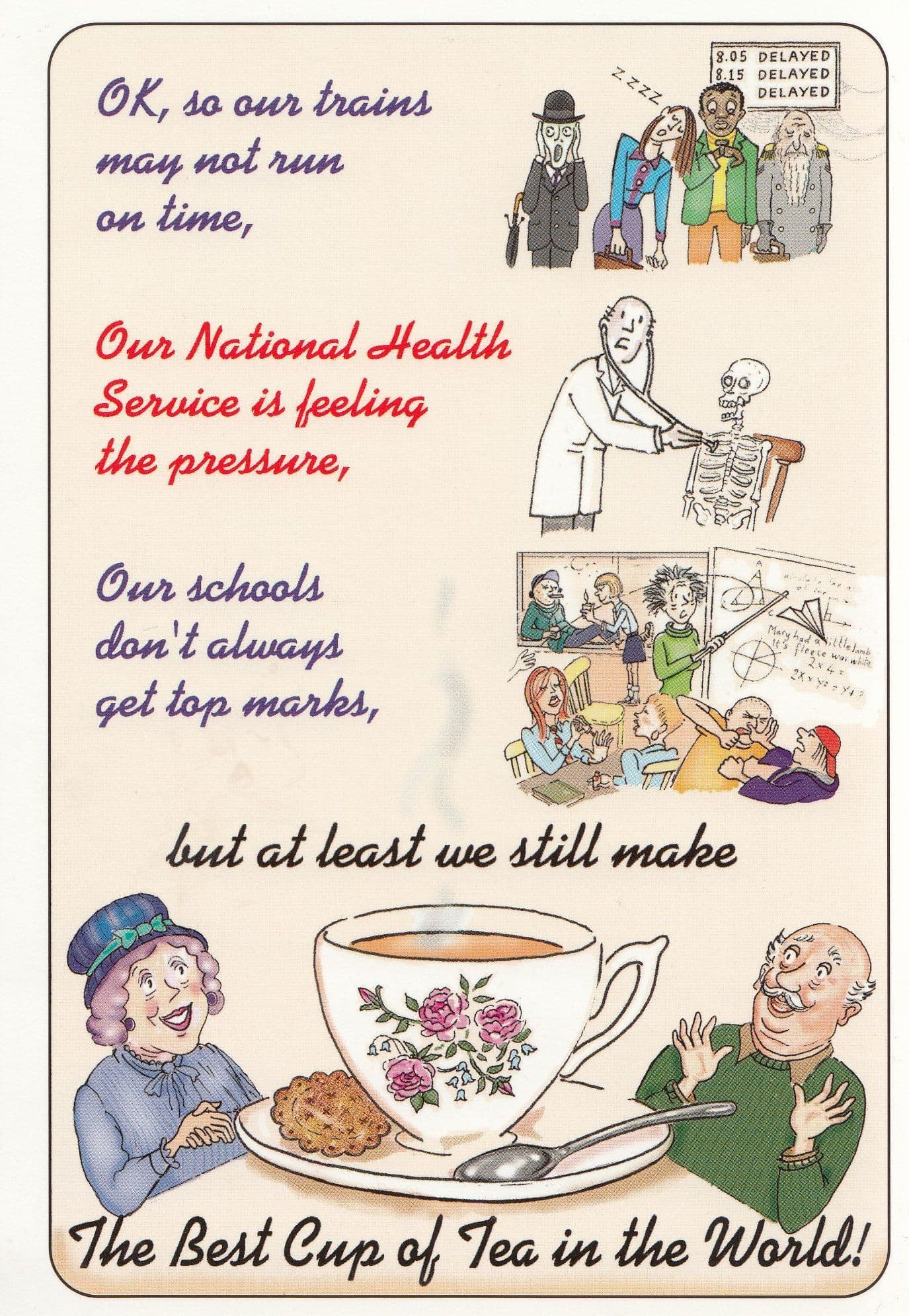 British NHS Brains Schools Are Rubbish But A Cup Of Tea Is Best Comic Postcard