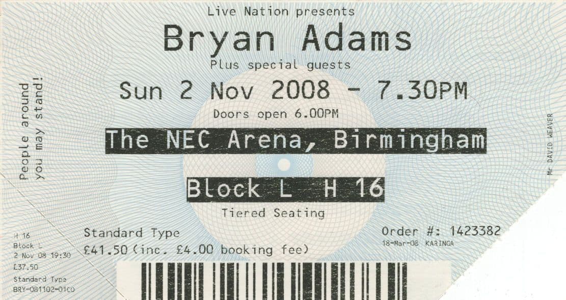 Bryan Adams Live Birmingham 2008 Concert Ticket