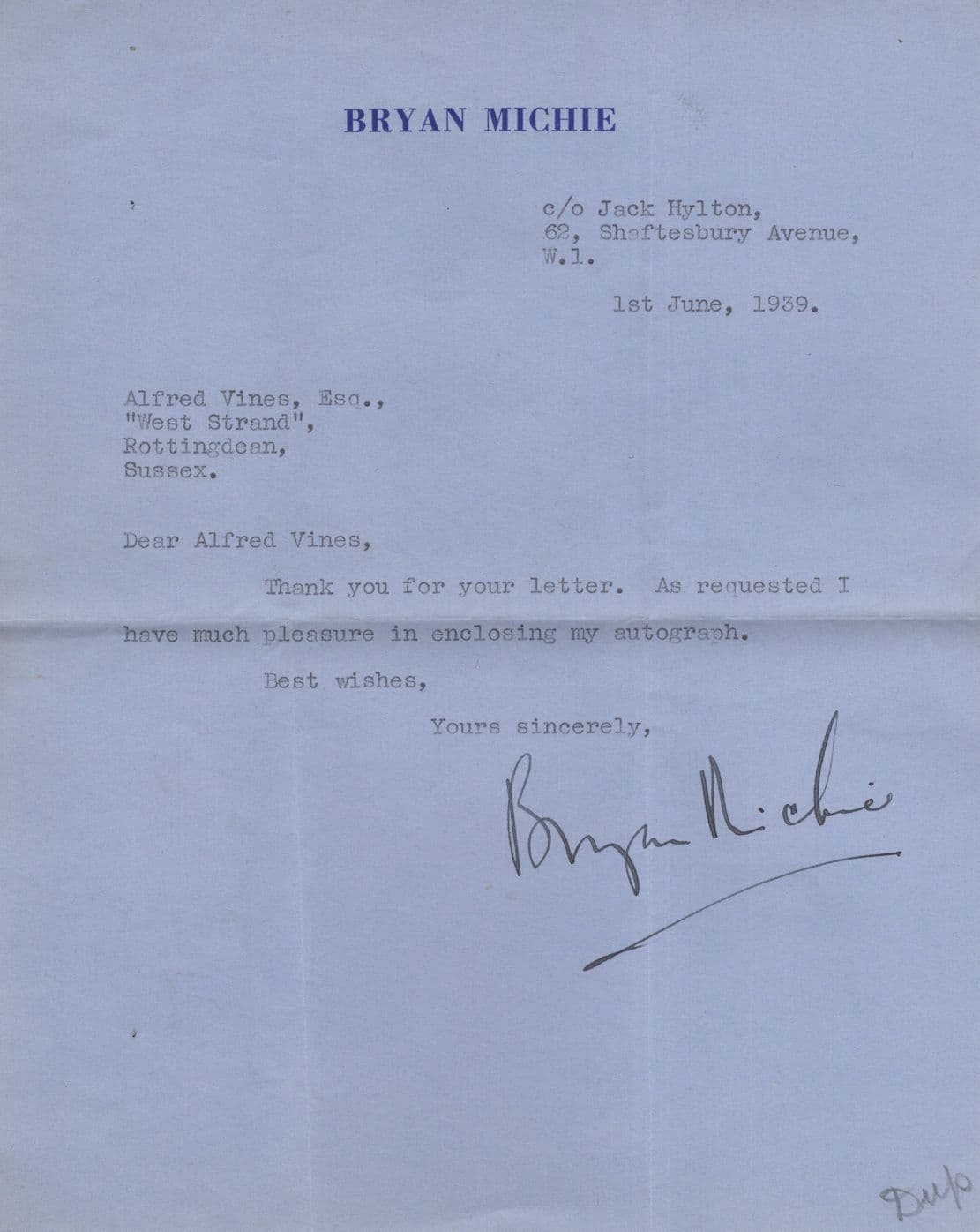 Bryan Michie of Jack Hylton Shaftesbury Theatre WW2 Hand Signed Letter