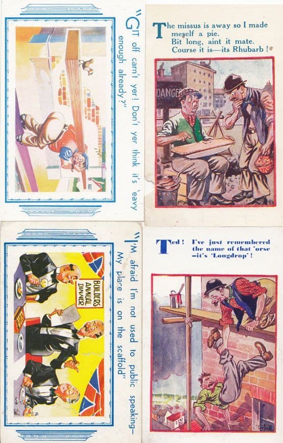 Builders 4x Builder Workers Dinner Dance Old Ladder Comic Antique Postcard s
