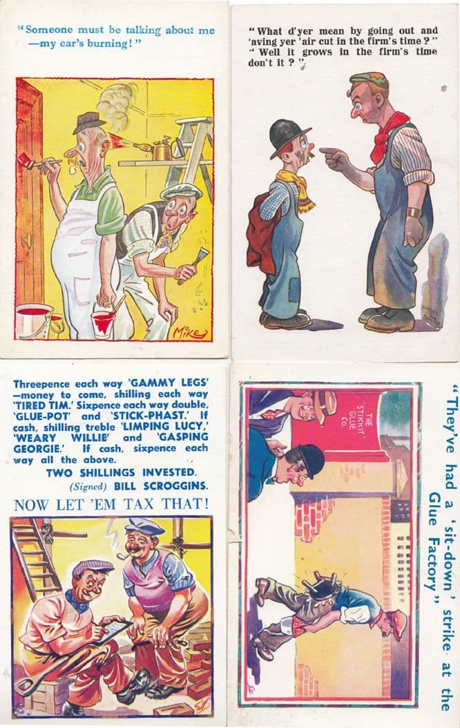 Builders 4x Builder Workers Pay Rise Tax Cuts Comic Antique Postcard s