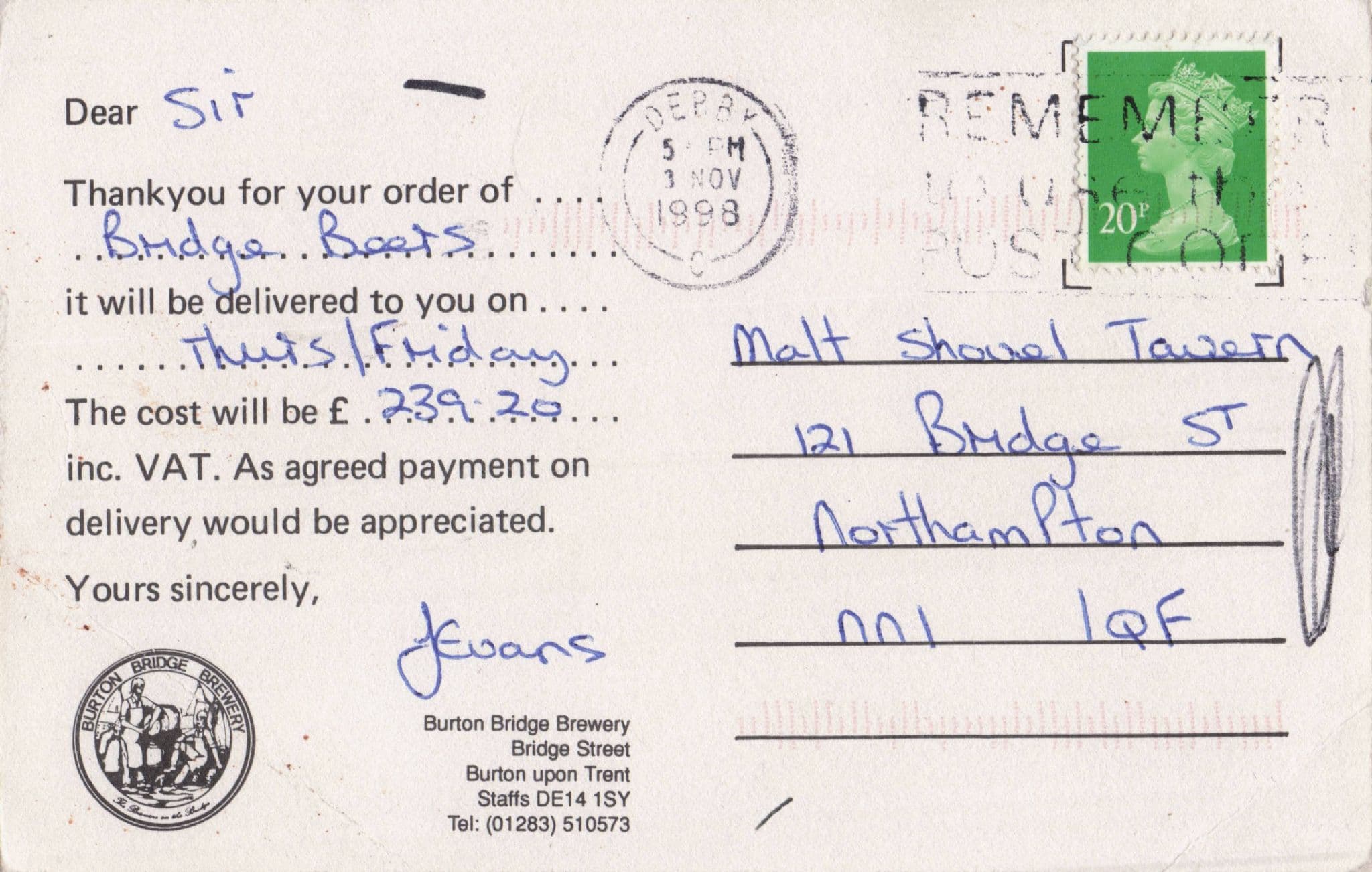 Burton Bridge Upon Trent Brewery Delivery Artist Staffs Postcard