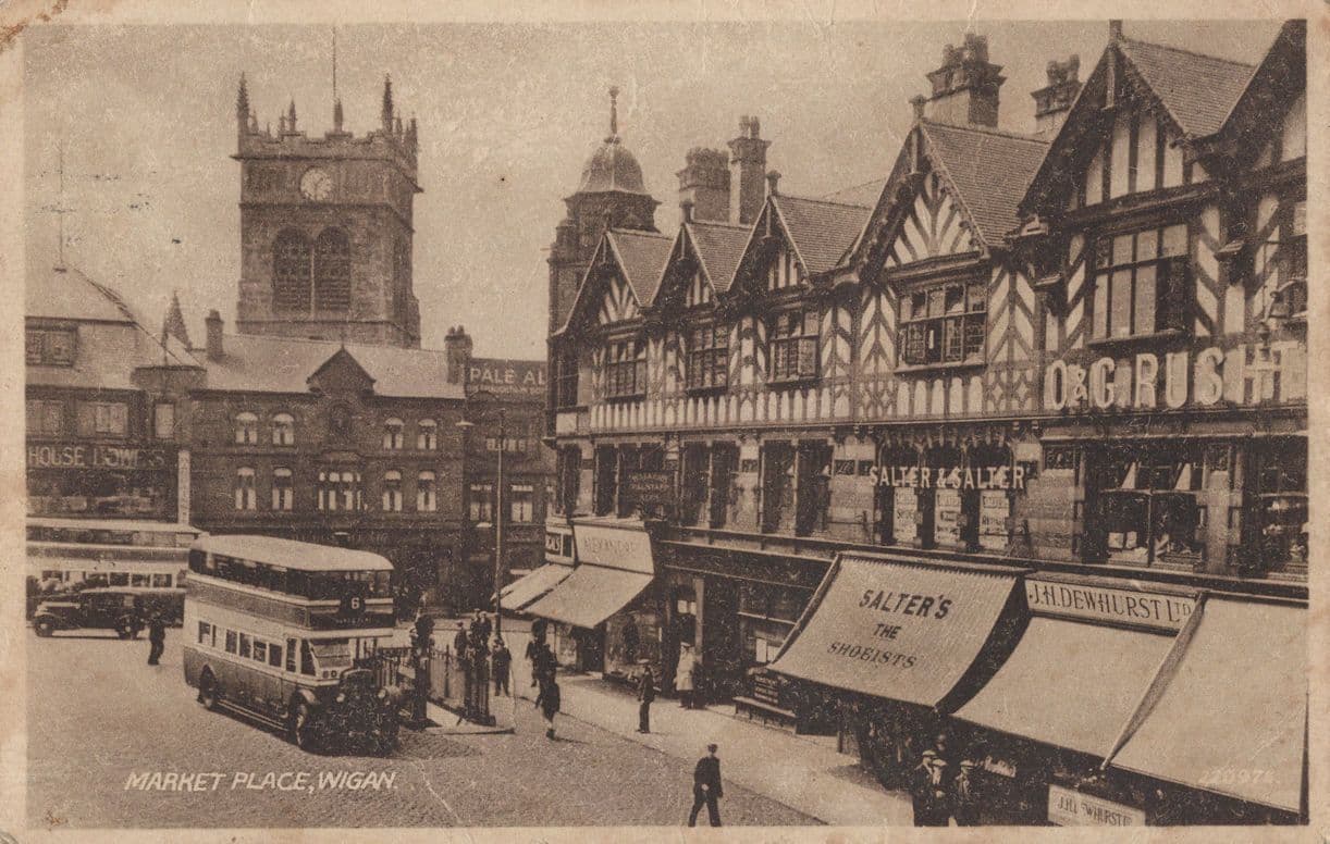 Bus At Salters Shoe Shoes Shop Wigan Lancashire Old Postcard