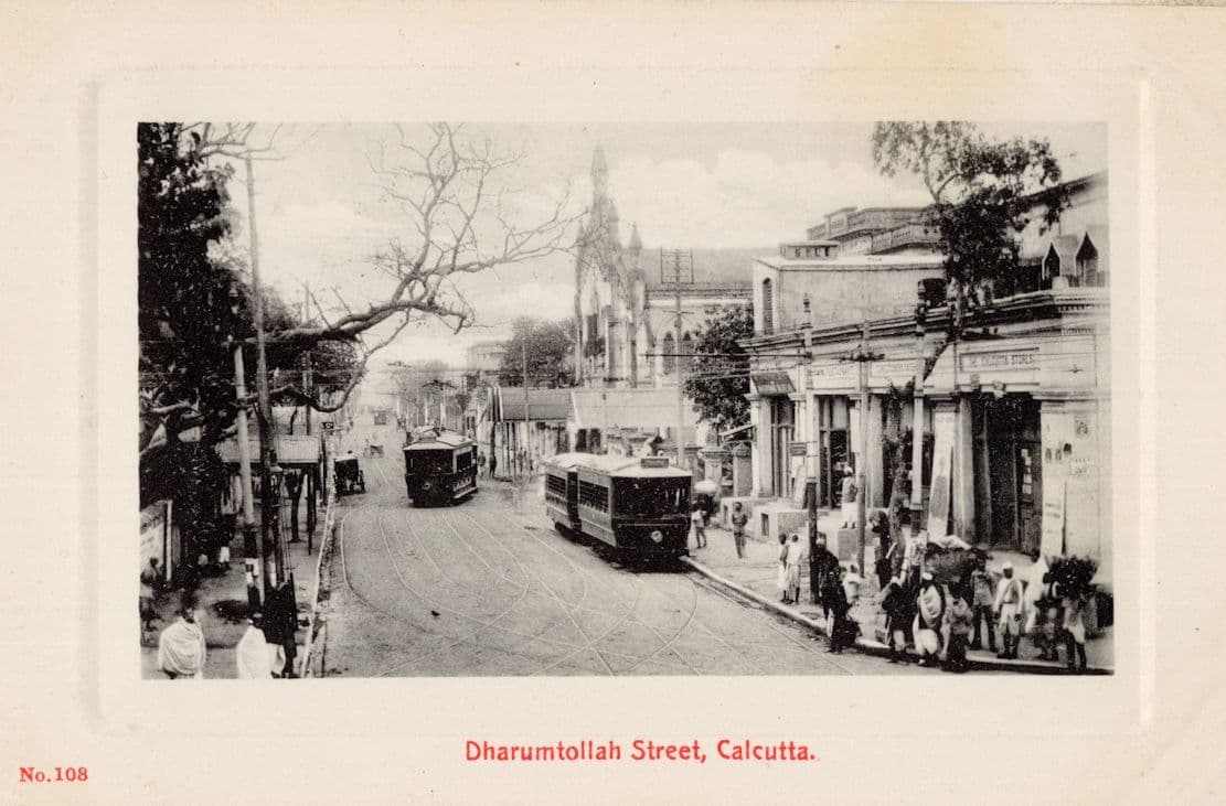 Bus Trams at Dharumtollah Street Calcutta India Transport Old Postcard
