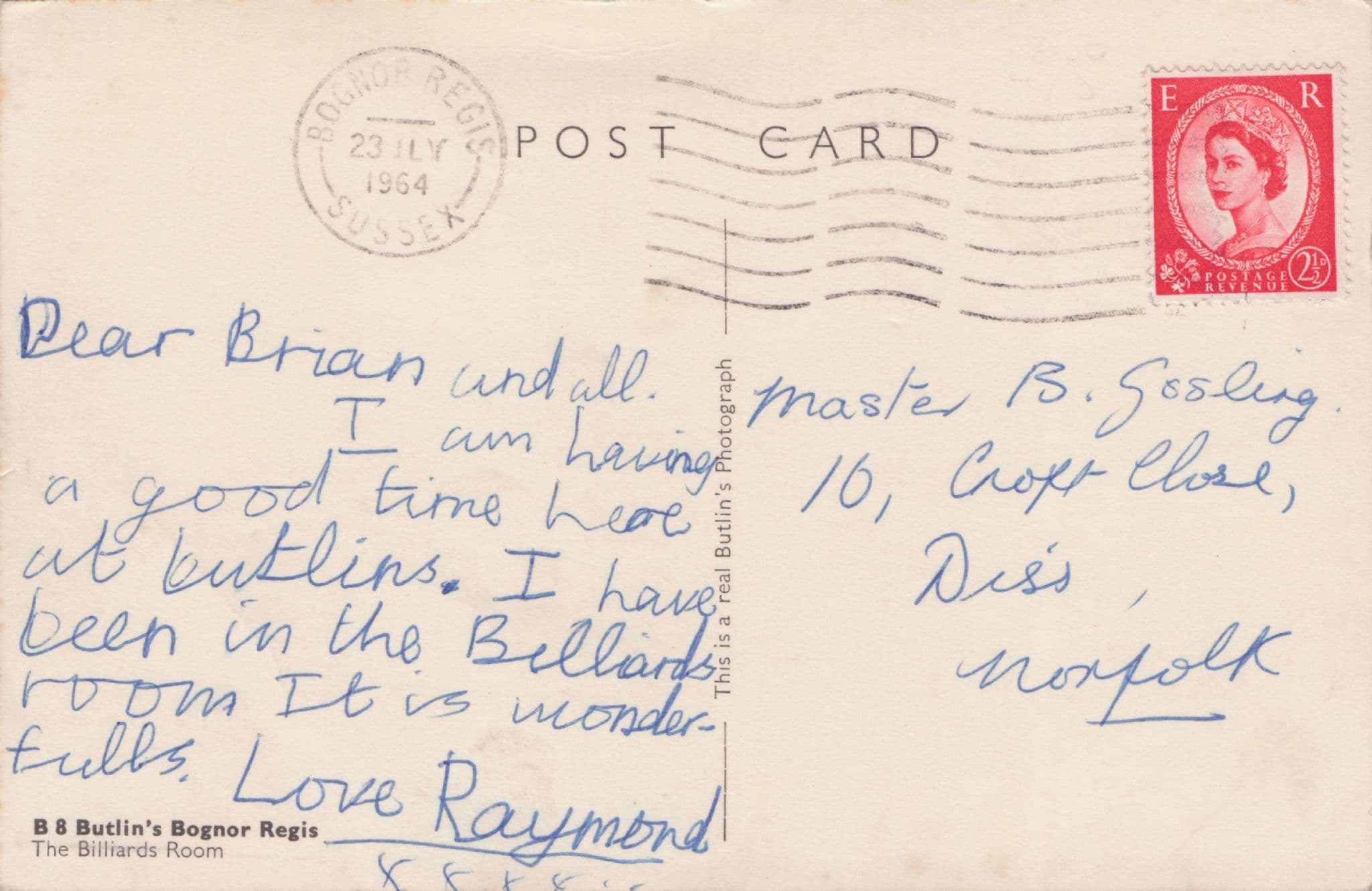 Butlins Bognor Regis Sussex Billiard Room 1960s Postcard