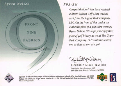 Byron Nelson Front 9 Fabric 2002 Upper Deck Authentic Shirt Card