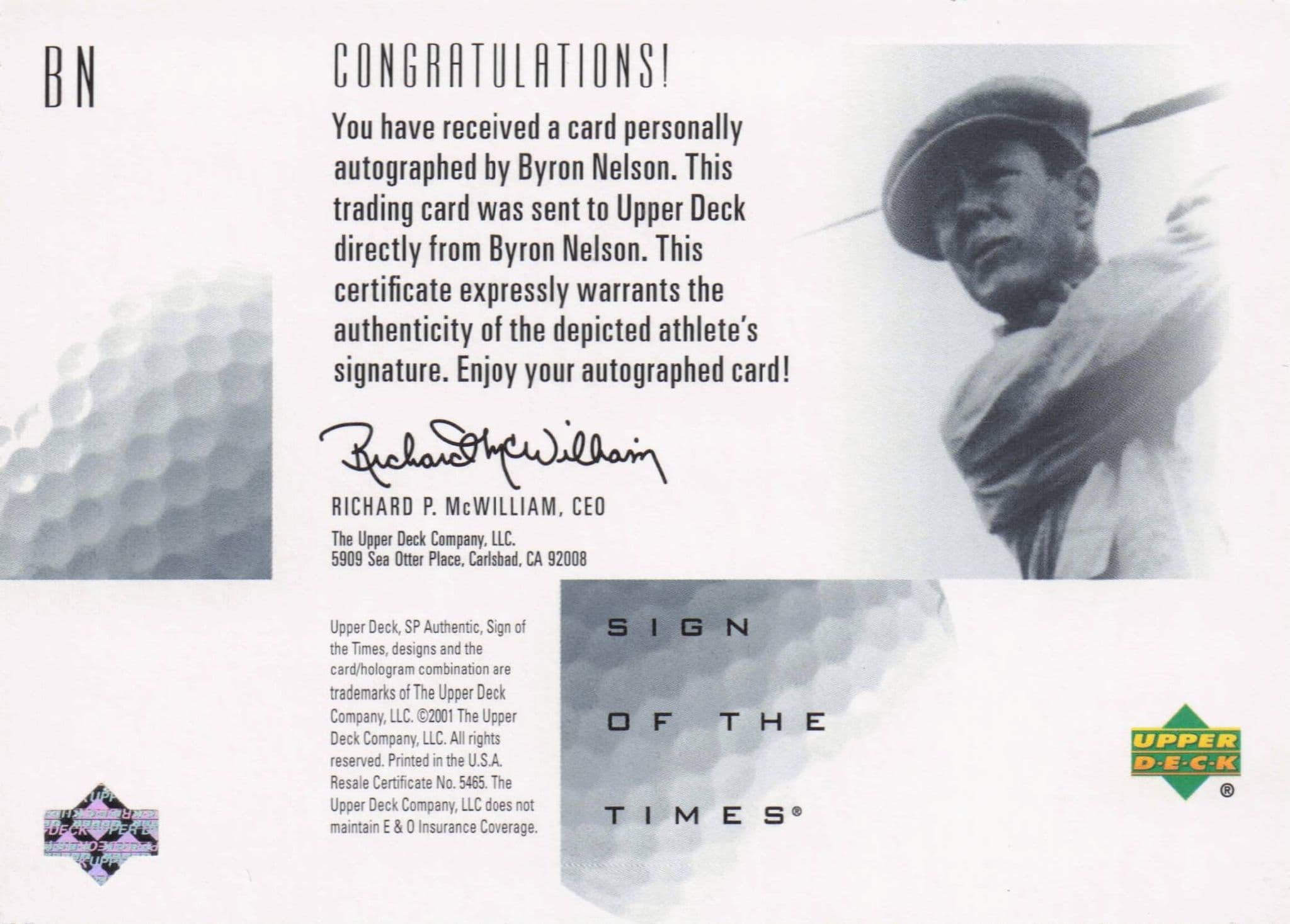 Byron Nelson Sign Of The Times Hand Signed 2001 SP Golf Autograph Card