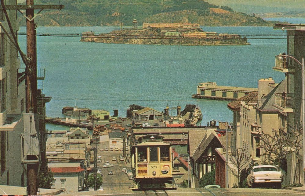 Cable Car San Fransisco Hill Alcatraz Island Postcard Ocean Postcard