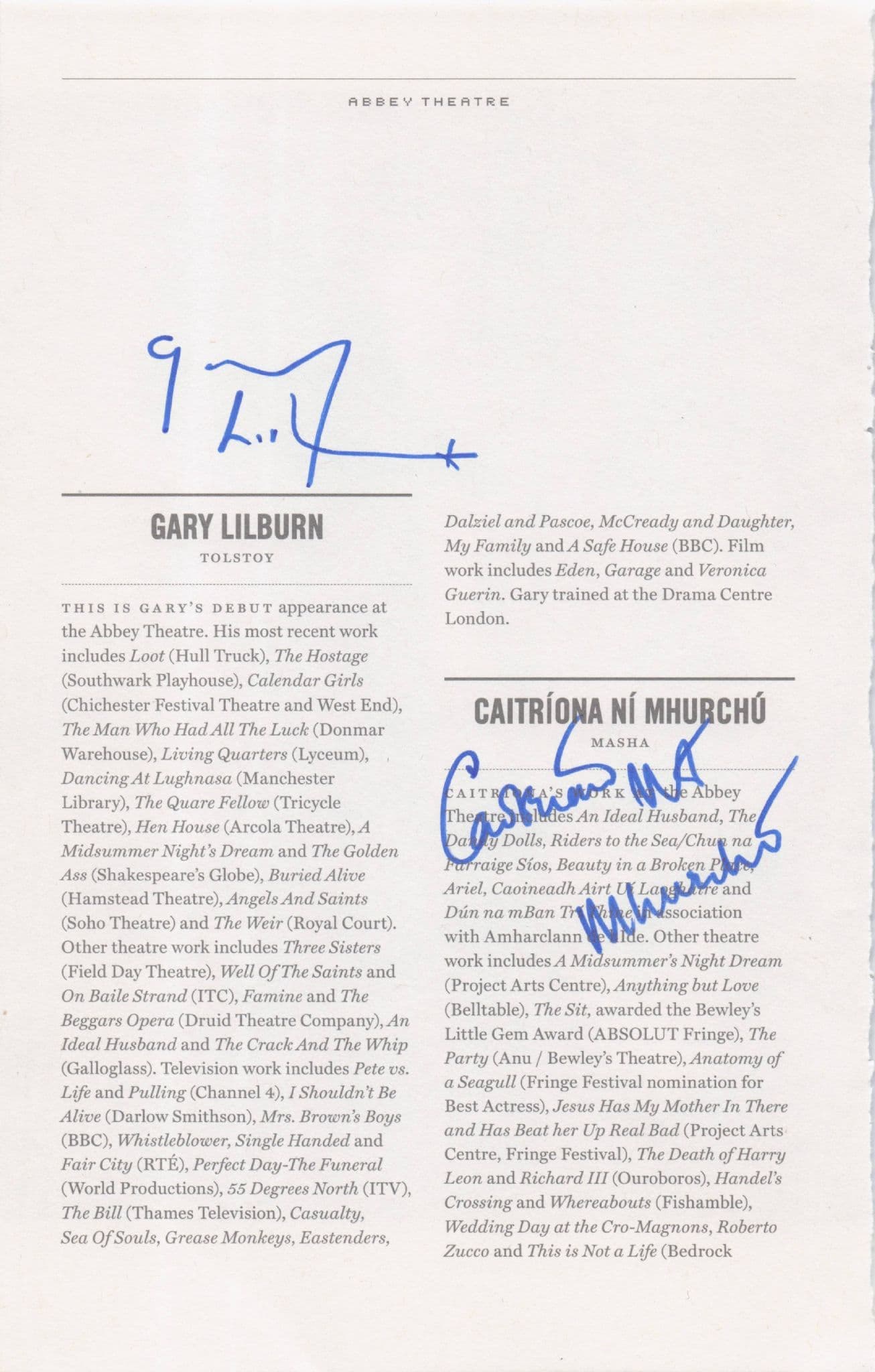 Caitriona Ni Mhurchu Irish Actress Gary Lilburn Hand Signed Theatre Page