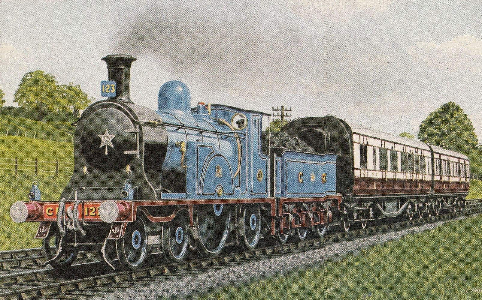 Caledonian 4-4-2 Train 123 & Coaches Scottish 1960s Postcard
