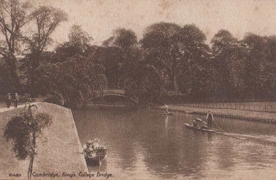 Cambridge Kings College Bridge Elderly Man Rowing A Boat Antique Postcard