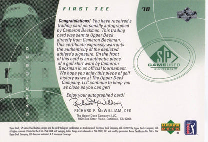 Cameron Beckman First Tee 2002 Golf Upper Deck Hand Signed Worn Shirt Card