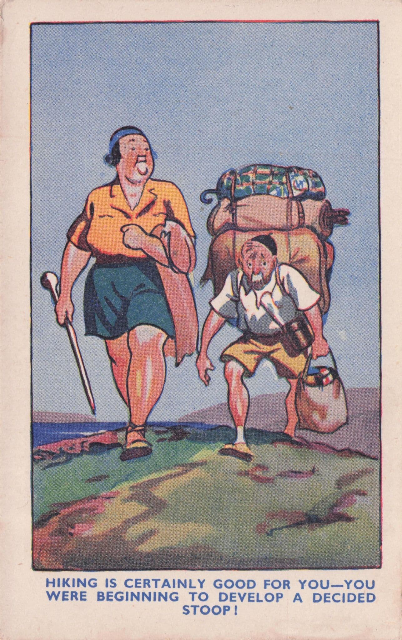 Camping Lovers Man Carrying Tent On Back Antique Comic Postcard