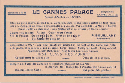 Cannes Palace Antique French Folding Hotel & Menu Postcard Book