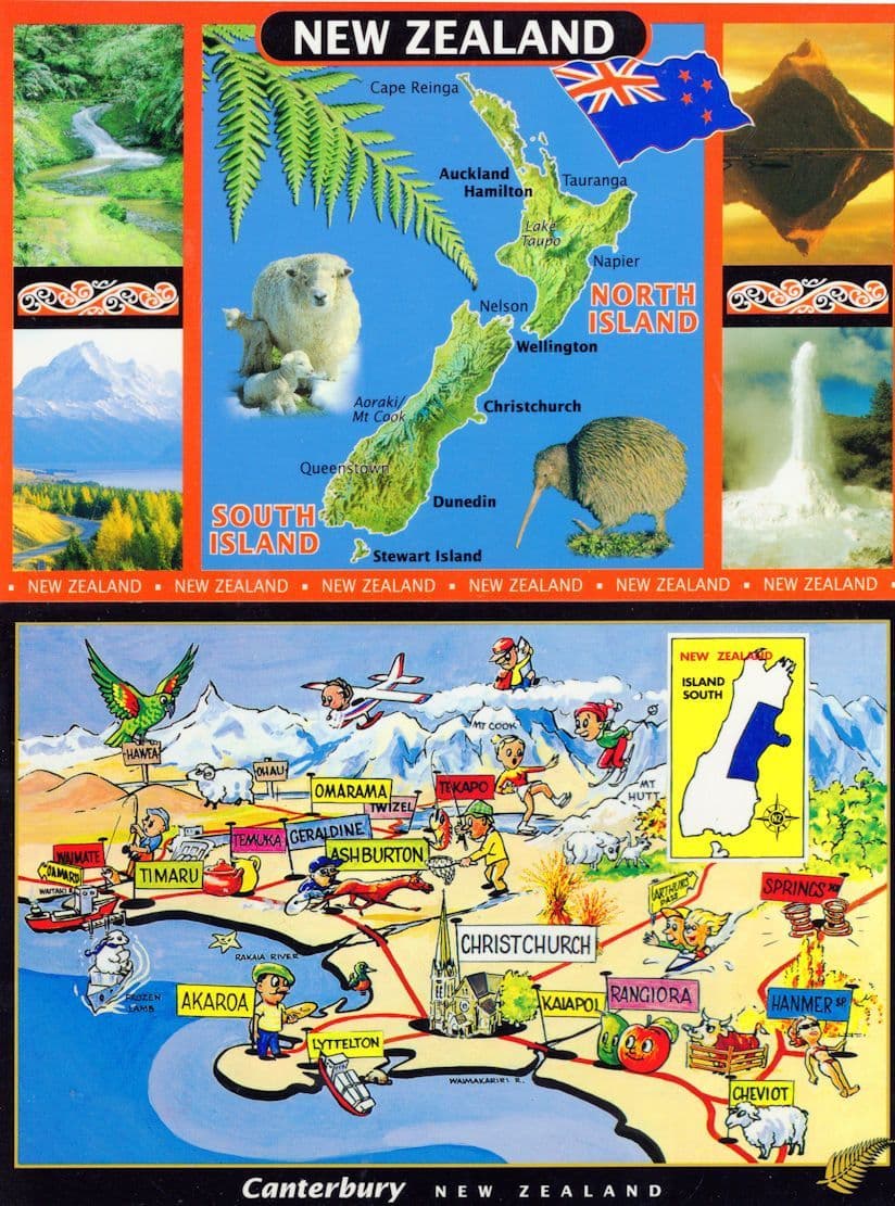 Canterbury New Zealand Map Fishing  Plane Boat Comic 2x Postcard