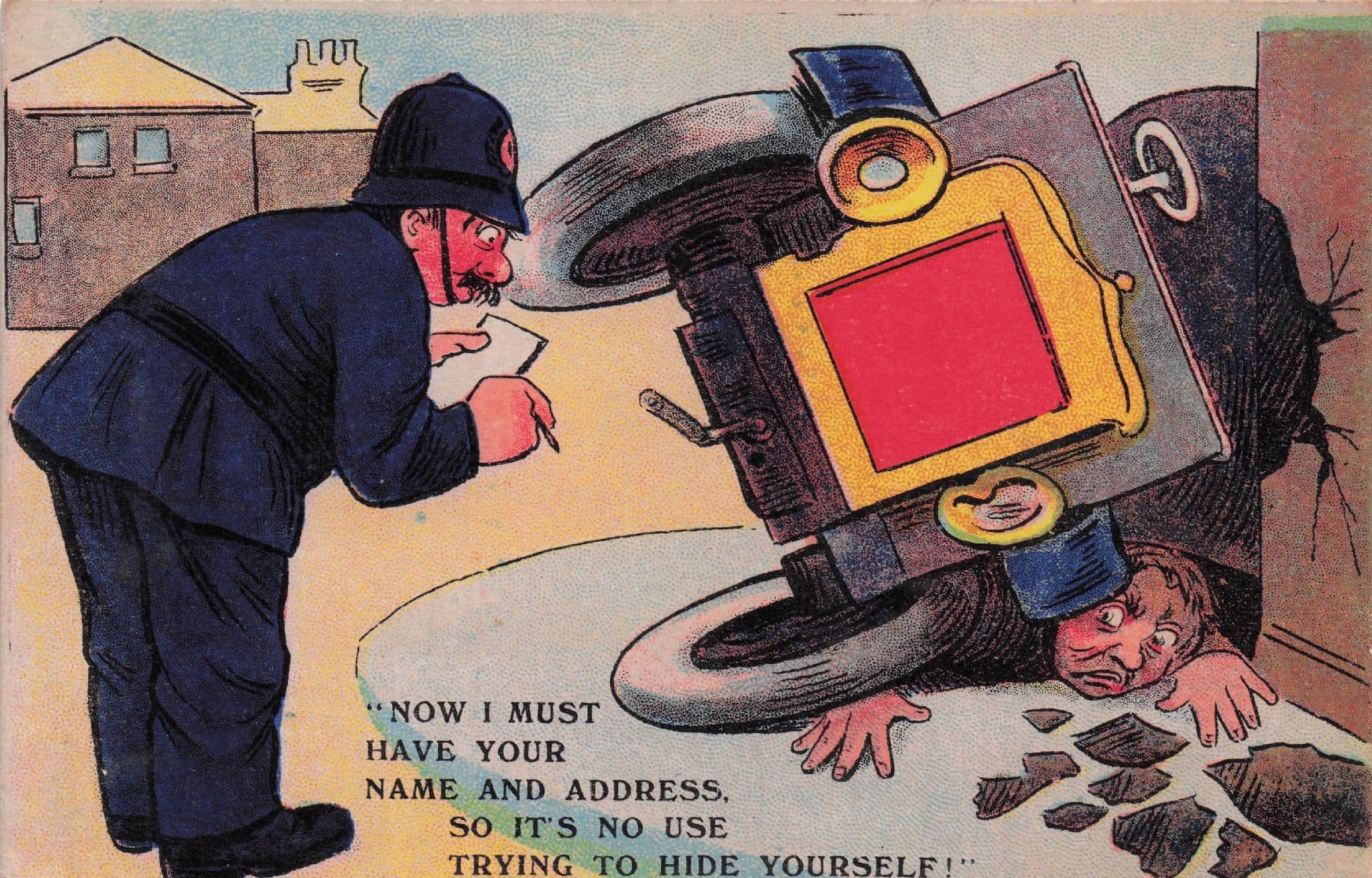 Car Accident Crash Disaster Policeman WW1 Comic Old Postcard