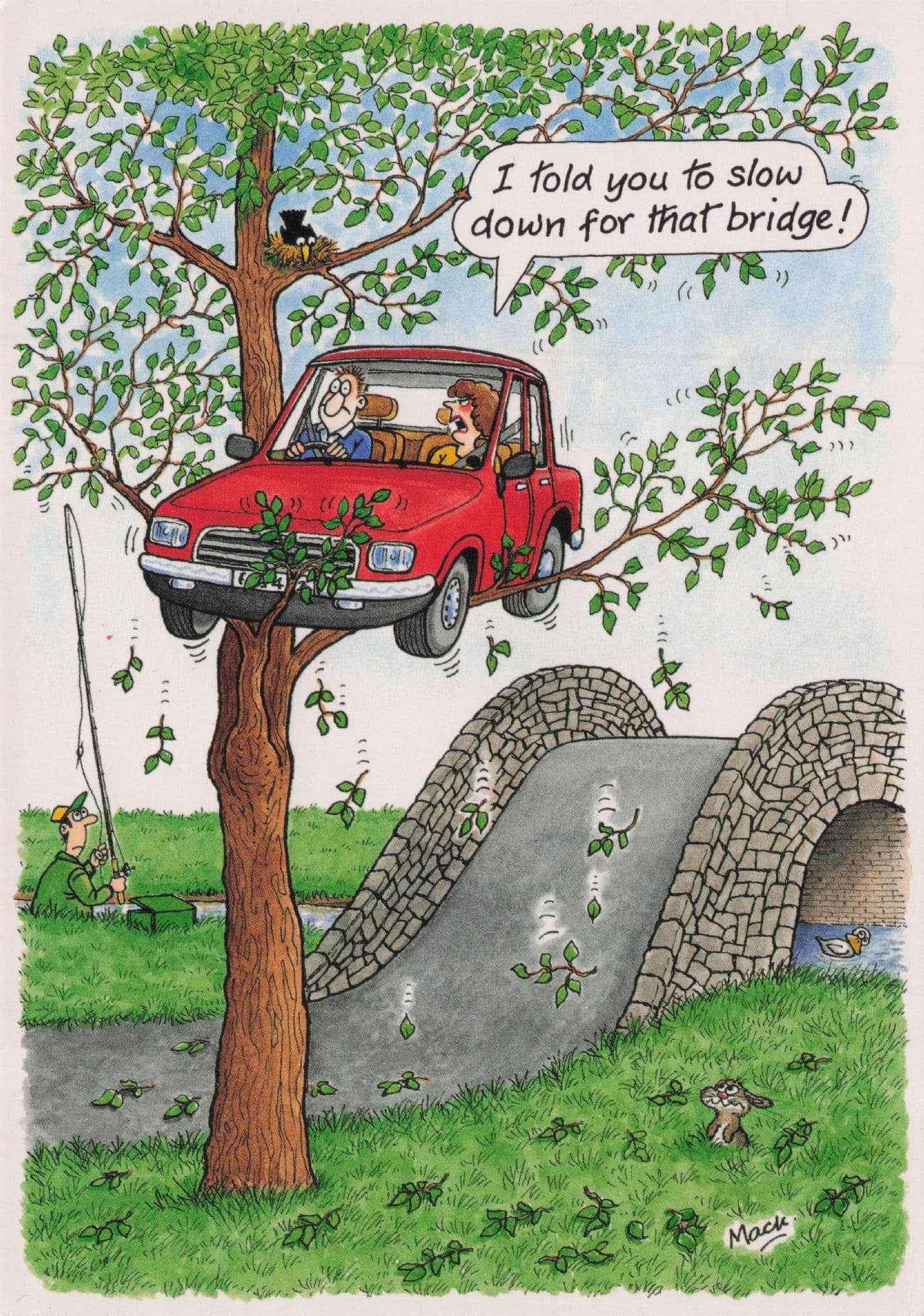 Car Accident Stuck In Tree By Man Fishing Disaster Comic Postcrd
