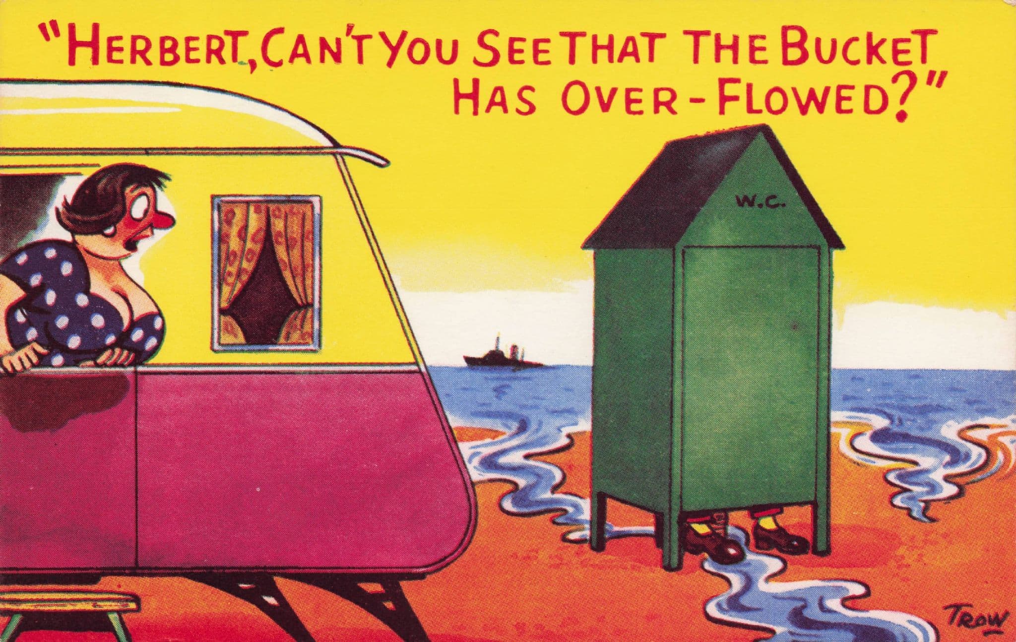 Caravan Portaloo Outside Old Toilet Disaster Overflow Comic Postcard