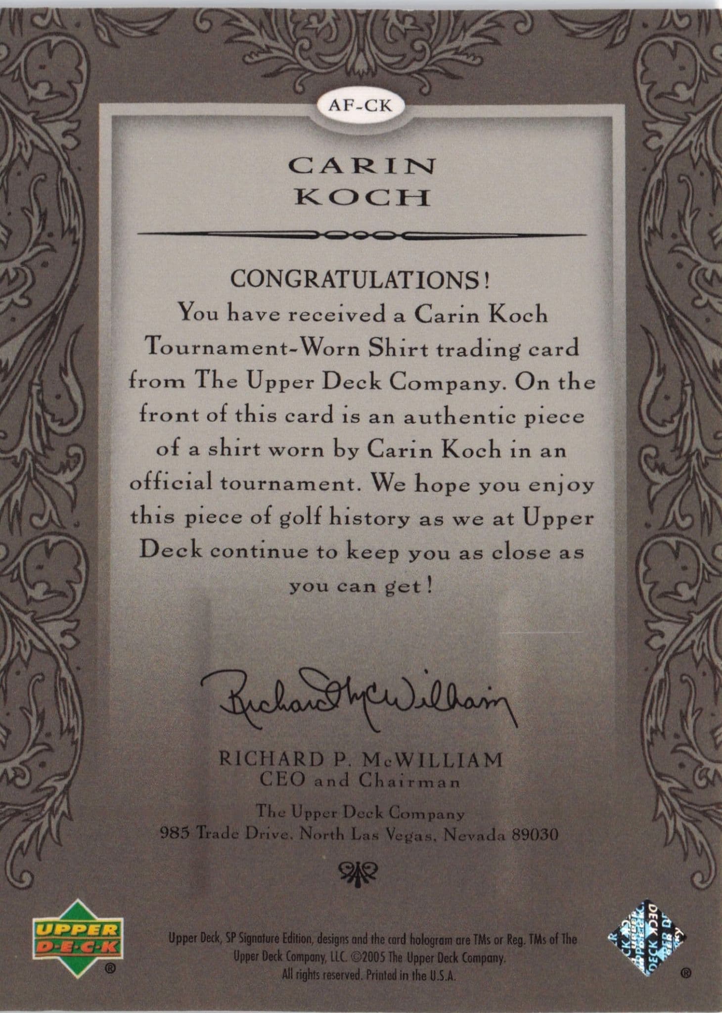 Carin Koch Authentic Fabrics 2005 SP Golf Upper Deck Worn Shirt Card
