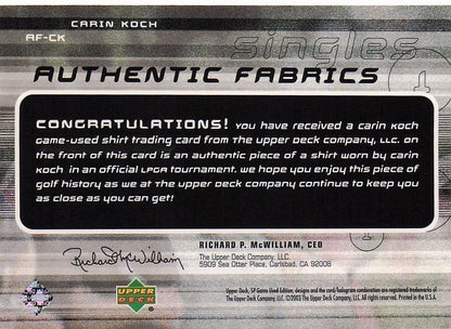 Carin Koch Authentic Fabrics Singles 2003 Golf Upper Deck Worn Shirt Card