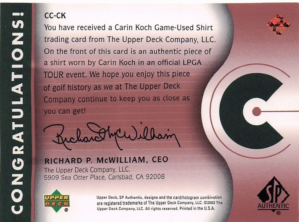 Carin Koch Course Classics 2003 Authentic Worn PGA Tour Golf Shirt Card