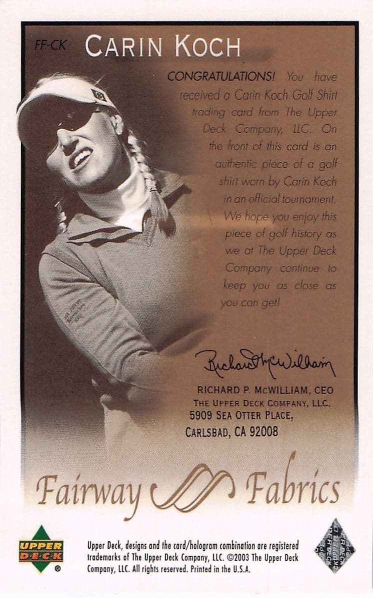 Carin Koch Fairway Fabrics 2003 Real Golf Shirt Relic Trade Card
