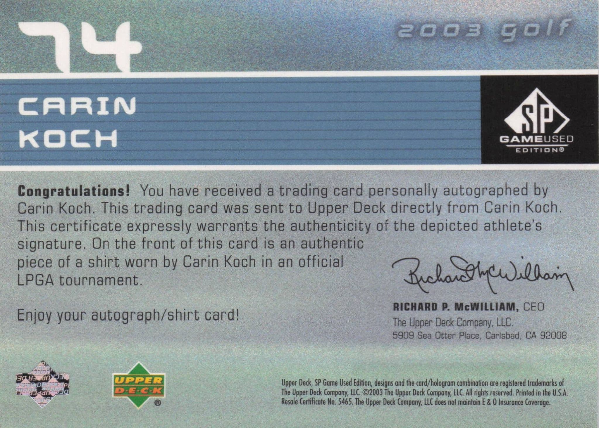 Carin Koch First Tee SP 2003 Golf Hand Signed Worn PGA Shirt Card