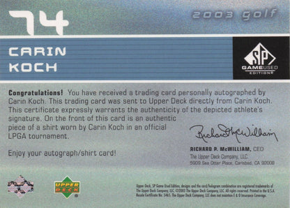 Carin Koch First Tee SP 2003 Golf Hand Signed Worn PGA Shirt Card
