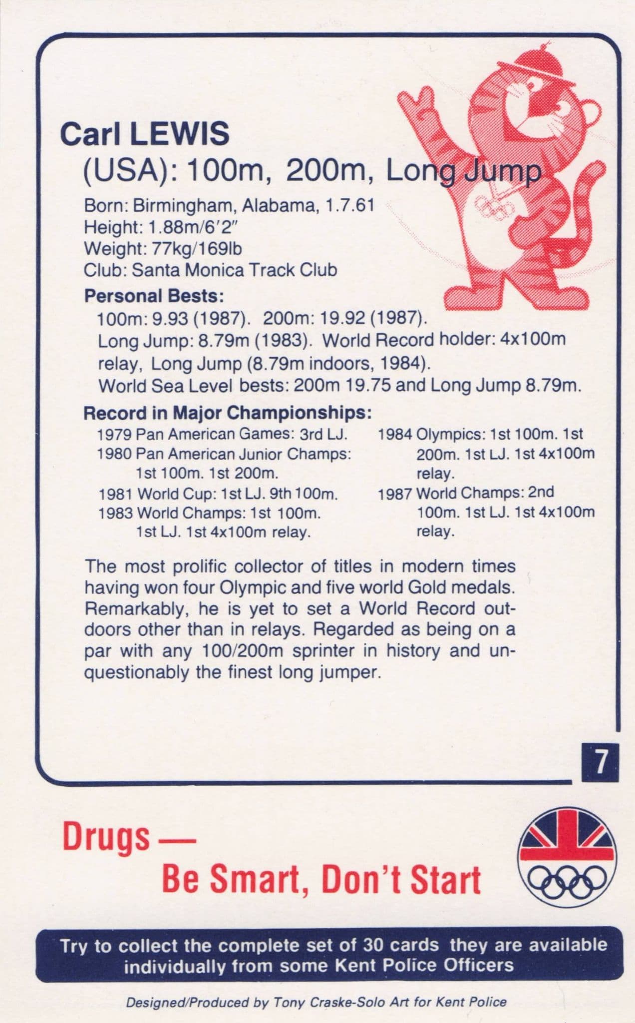 Carl Lewis USA Long Jump Athlete Olympics 1988 Rare Police Trade Photo Card