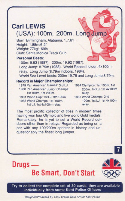 Carl Lewis USA Long Jump Athlete Olympics 1988 Rare Police Trade Photo Card