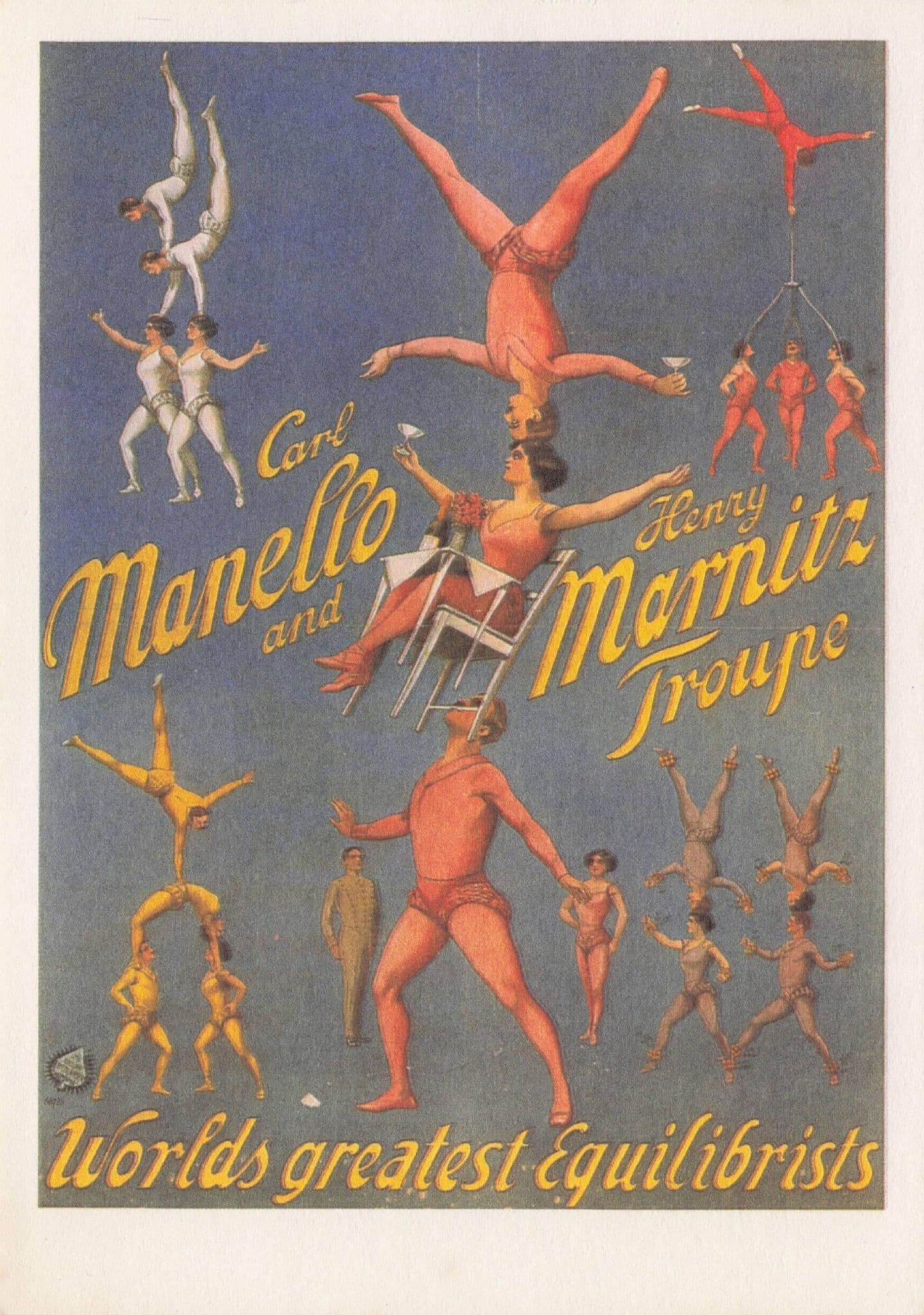 Carl Manello Henry Marnitz German & Italy Balancing Circus Act Poster Postcard