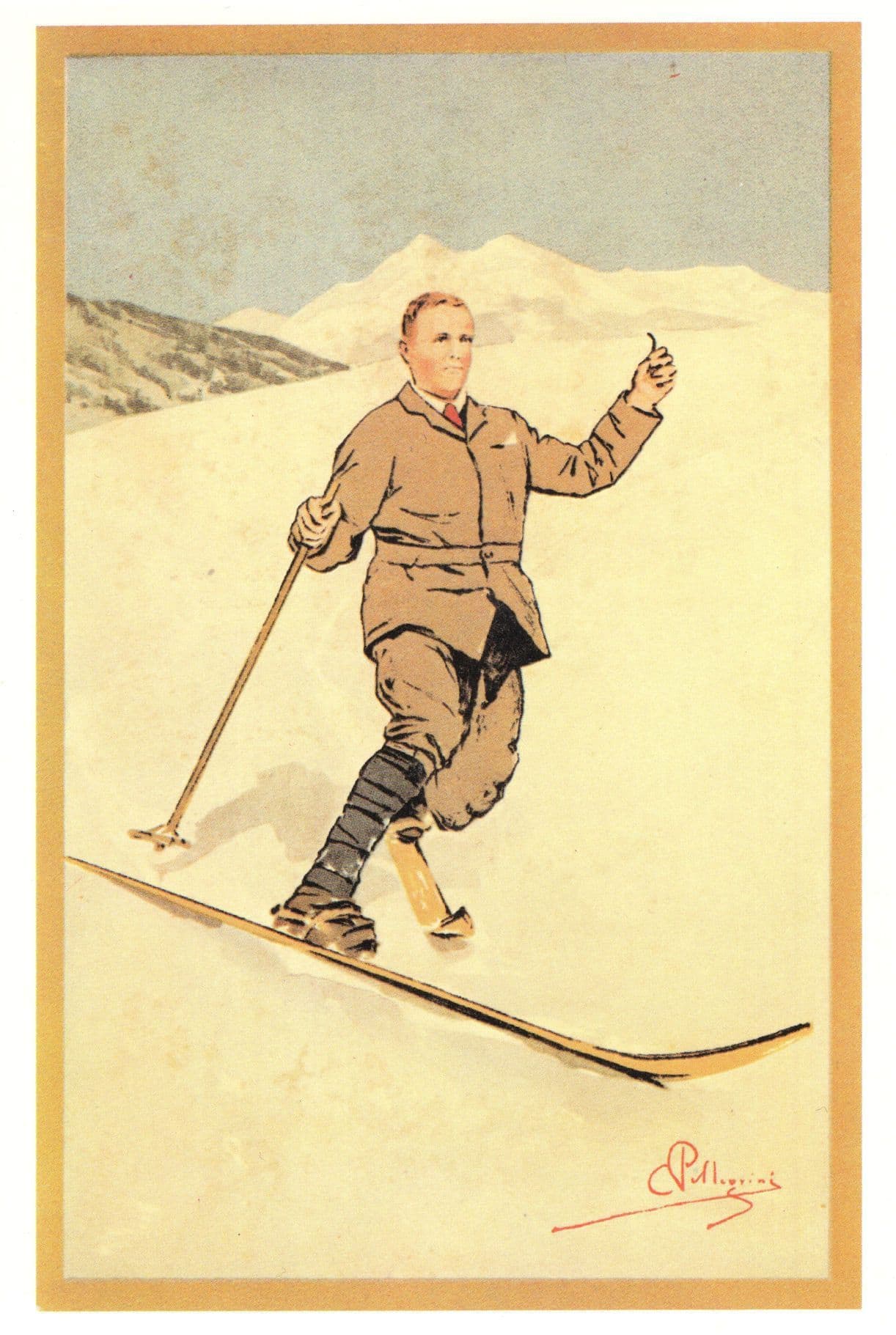 Carlo Pellegrini Jolly Swiss Man on Ski Slopes Lithograph Art Postcard