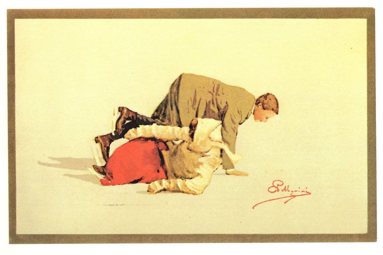 Carlo Pellegrini Man Falls On Woman Skiing Accident Swiss Lithograph Postcard