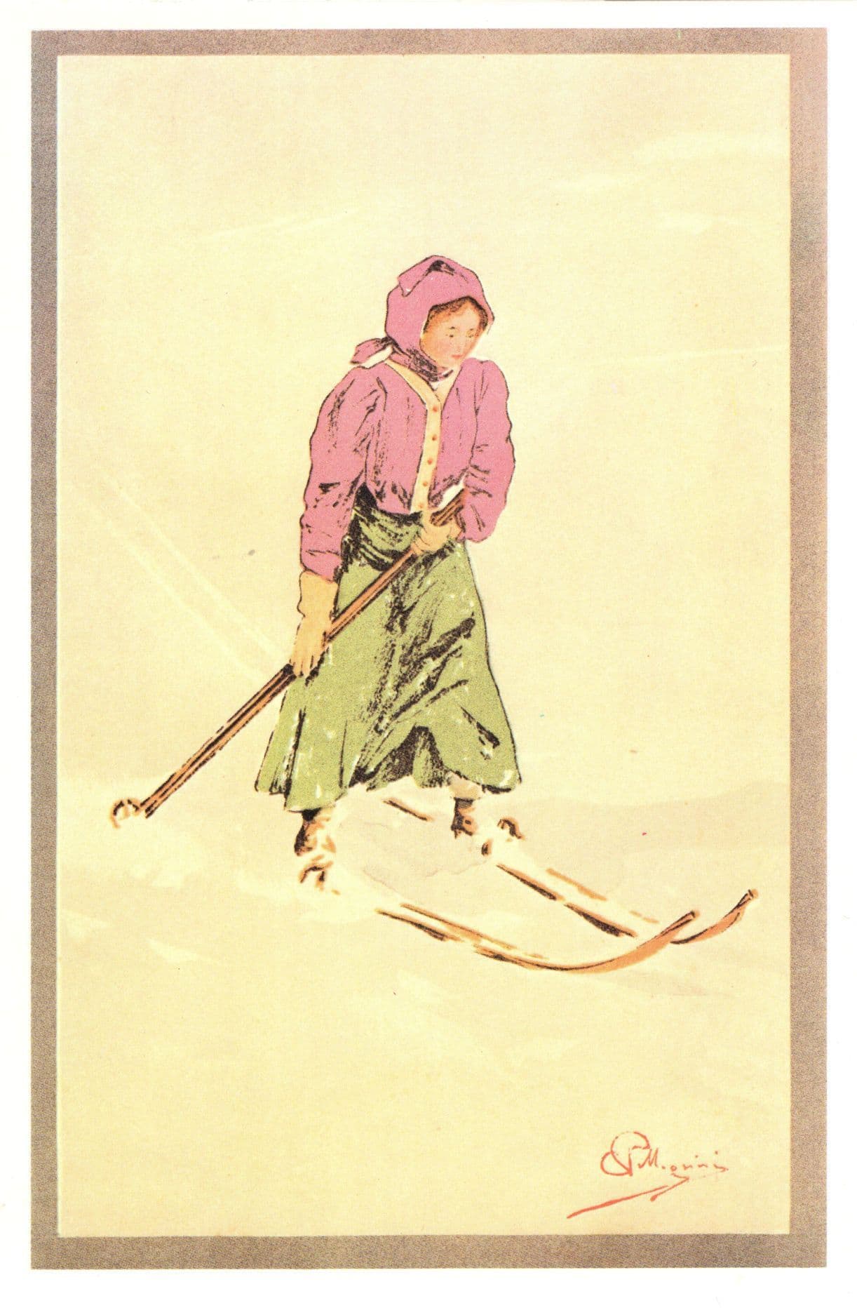 Carlo Pellegrini Mature Lady In Pink Ski Jacket Switzerland Sports Lithograph Postcard