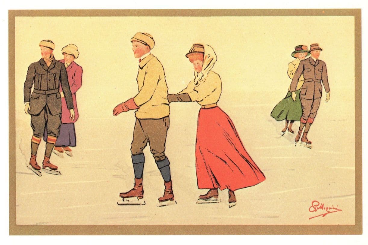 Carlo Pellegrini Mature Men Woman Ice Skating Couples Swiss Lithograph Postcard