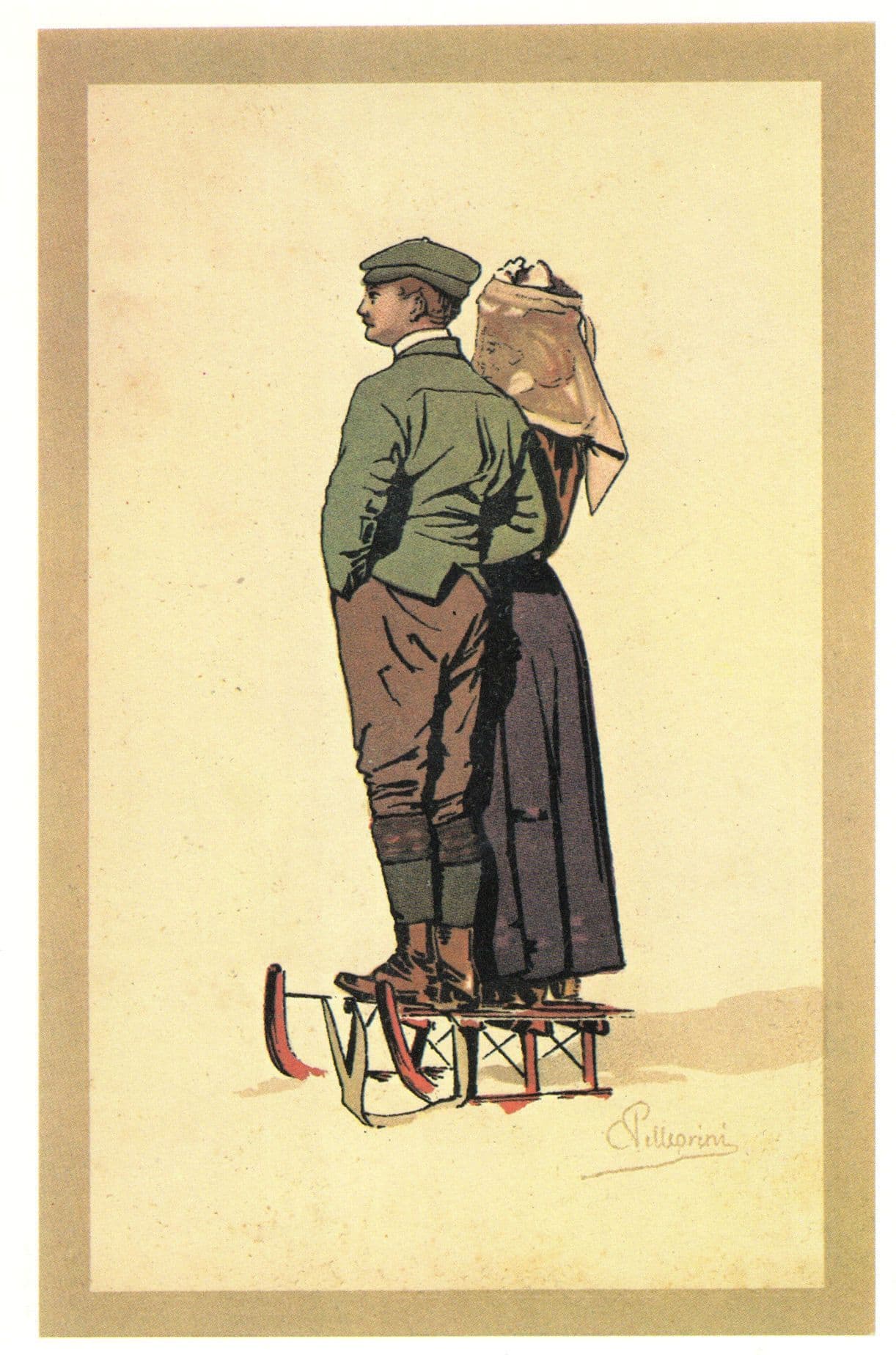 Carlo Pellegrini OAP Switzerland Mature Man Woman Skating Lithograph Postcard