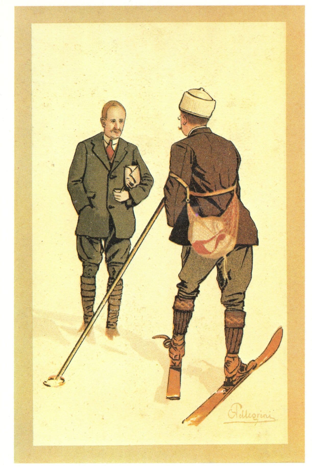 Carlo Pellegrini Skiing Men Talking Swiss Lithograph Postcard
