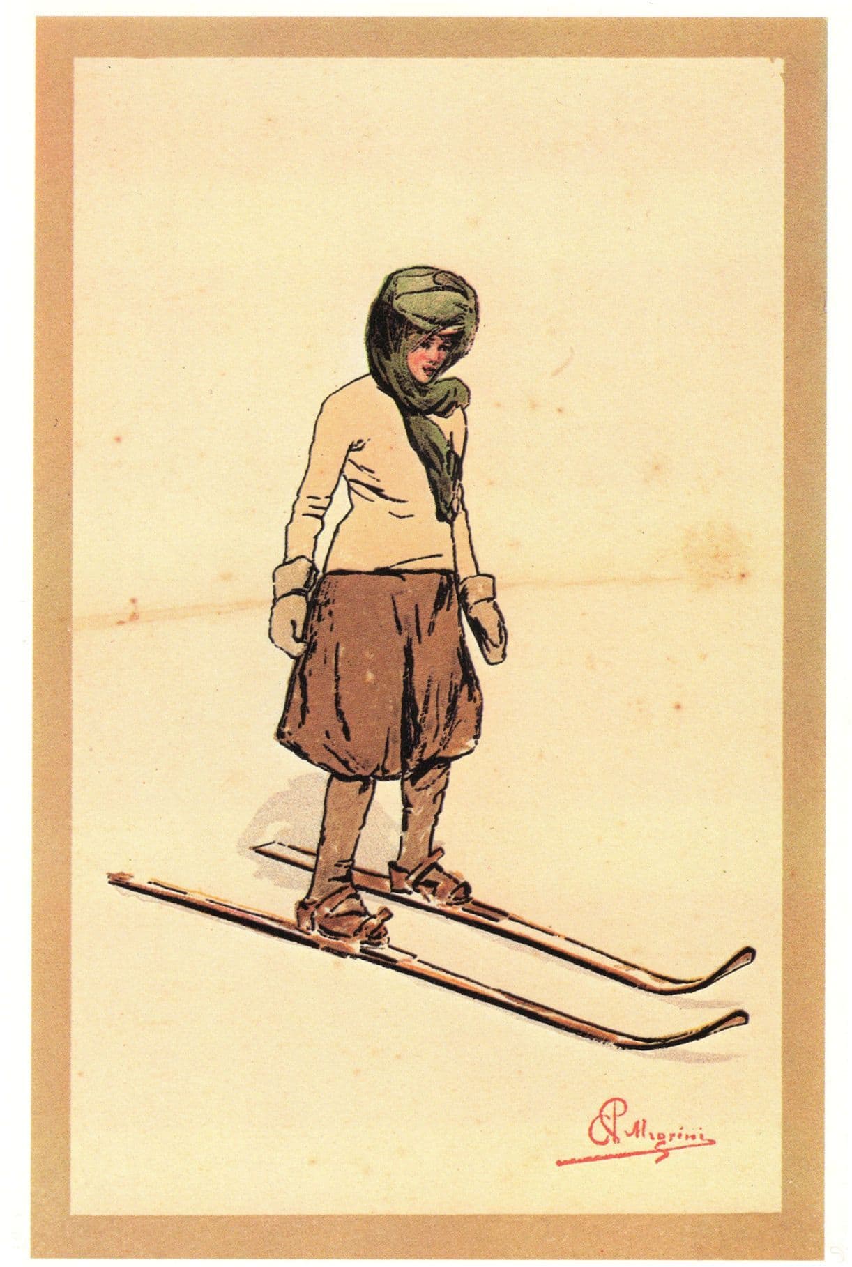 Carlo Pellegrini Sorrowful Lady Skiing Swiss Lithograph Postcard
