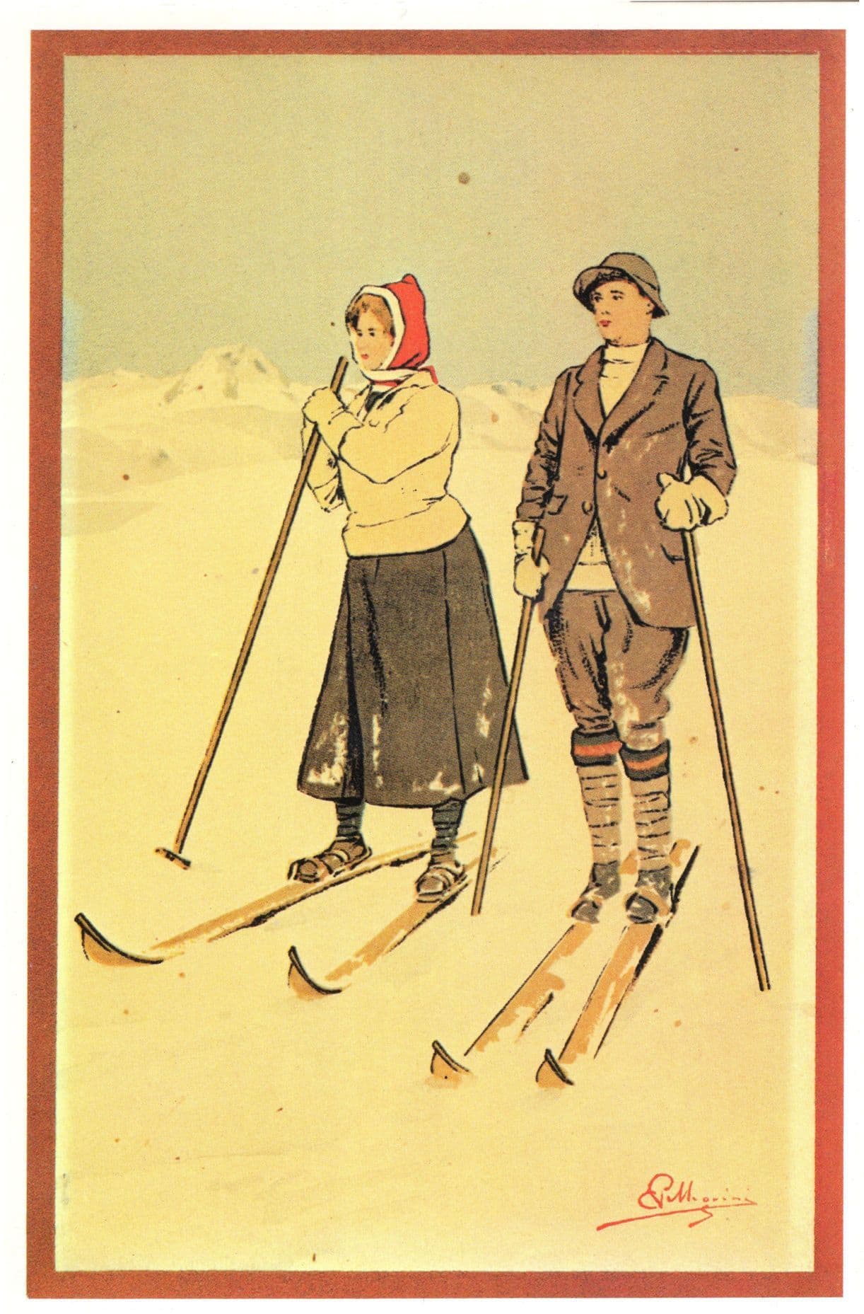 Carlo Pellegrini Switzerland Romantic Couple Skiing Poster Postcard