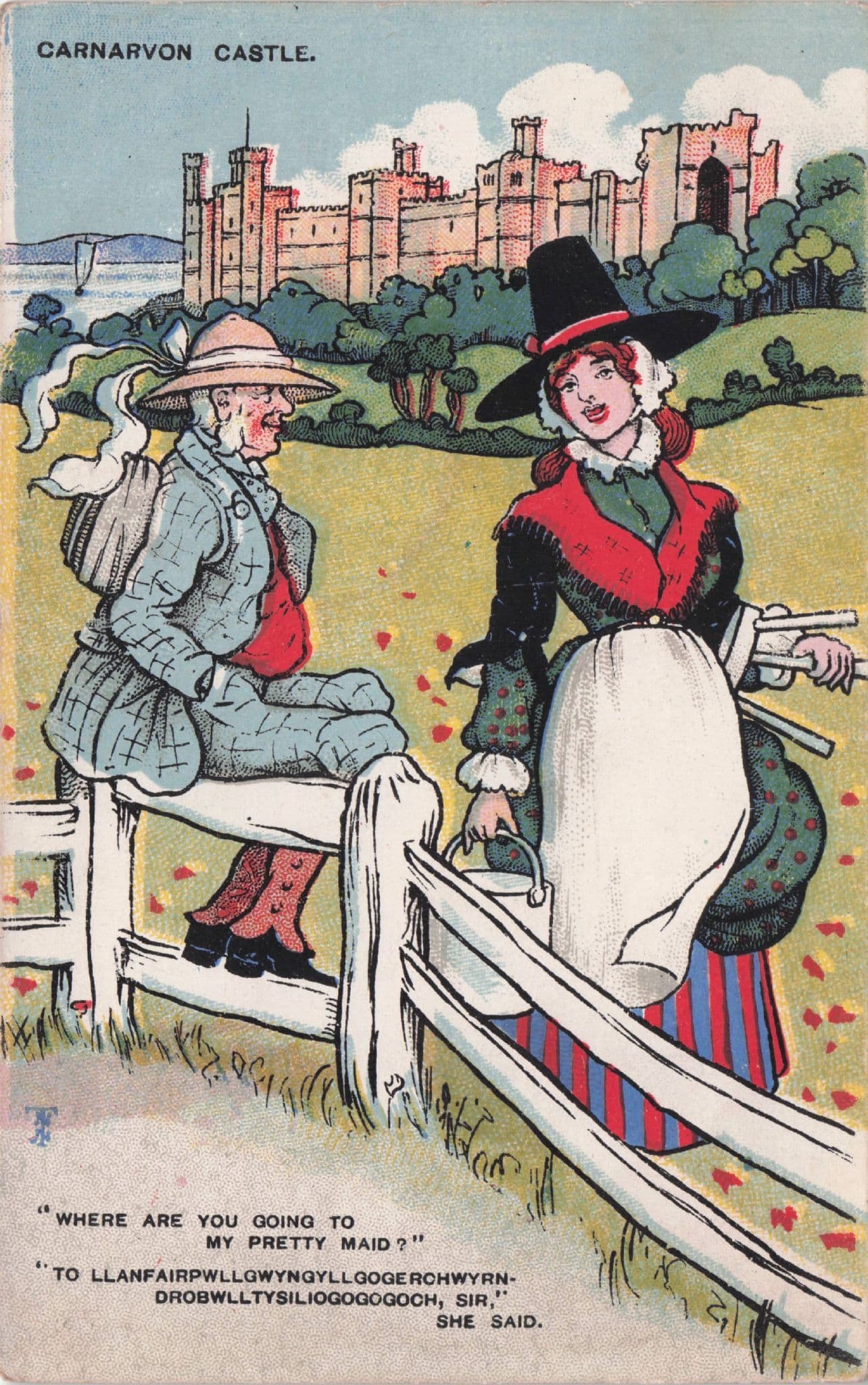 Carnarvon Castle Wales Comic Old Welsh Pretty Woman Postcard