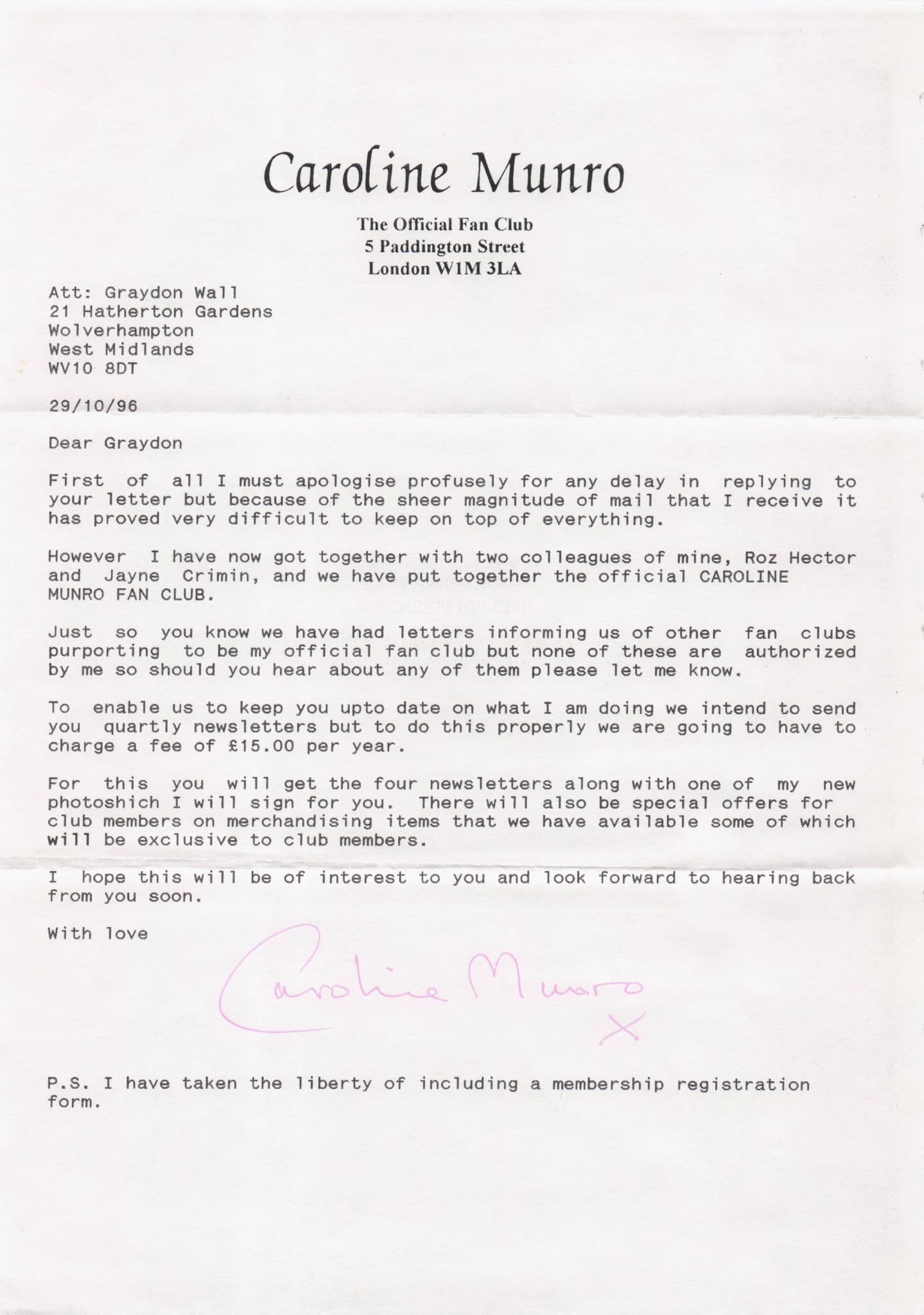 Caroline Munro Of Hammer Horror Films Official Hand Signed Fan Club Letter