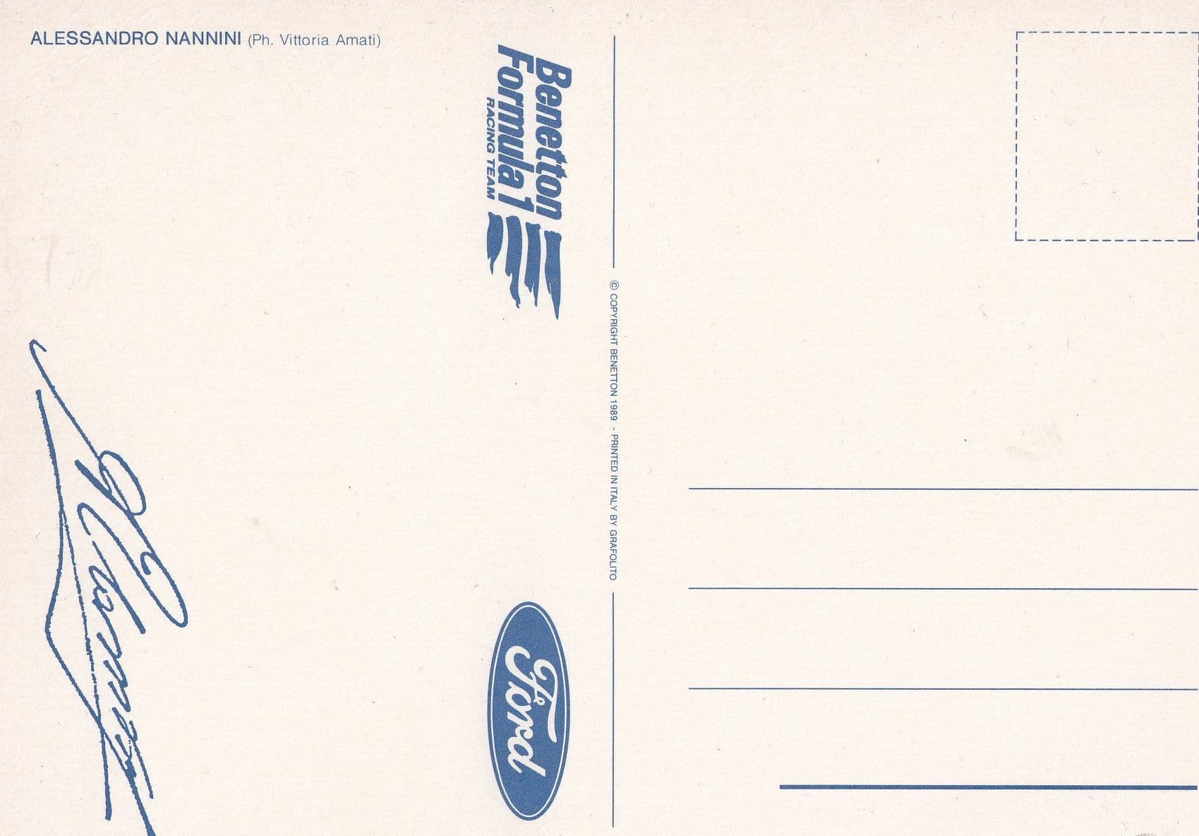 Cartolina Formula 1 Alessandro Nannini Benetton Ford F1 Signed Postcard