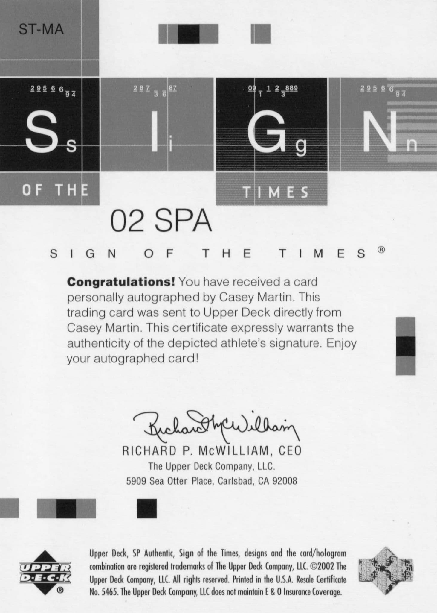 Casey Martin Sign Of The Times Hand Signed 2002 SP Golf Autograph Card