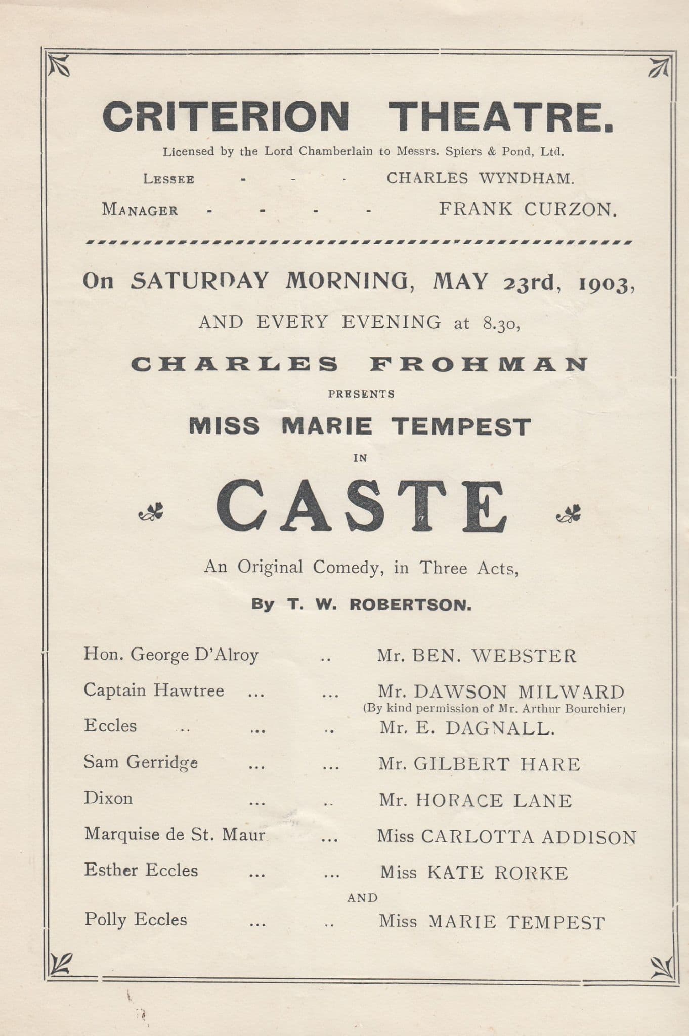 Caste Marie Tempest Criterion London Theatre Programme