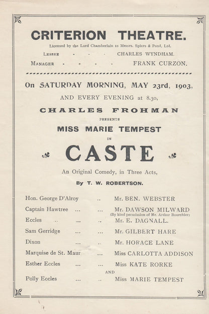 Caste Marie Tempest Criterion London Theatre Programme