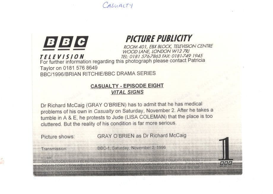 Casualty Vital Signs Episode 8 Gray O'Brien BBC TV Press Photo